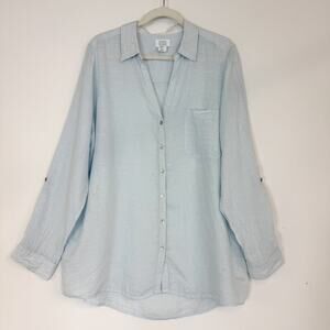 Sigrid Olsen 100% Linen Light Blue Button Down Long Sleeve Top Women's XL